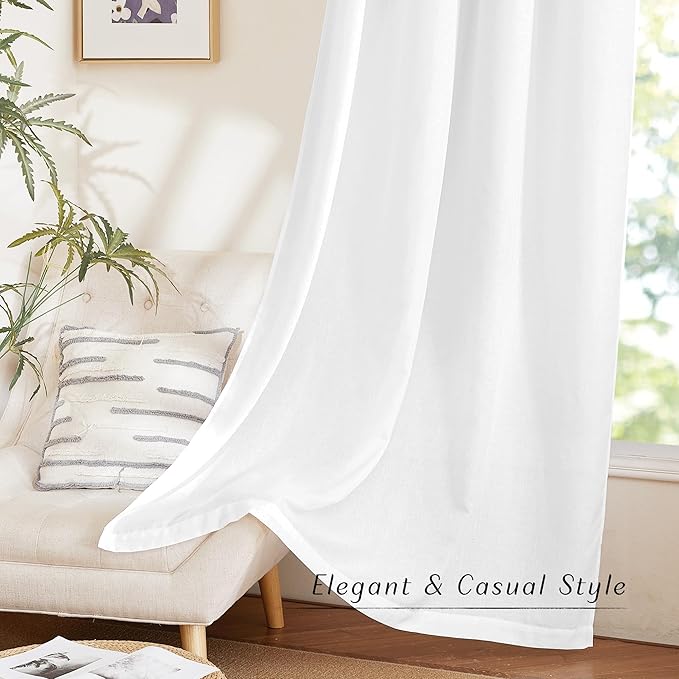 NICETOWN Linen Flax Semi Sheer Curtains 92" Length, Grommet Window Treatments Privacy Added with Light Penetration Vertical Drapes for Loft/Home Office, White, W55 x L92, 2 Panels
