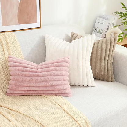 decorUhome Summer Cozy Faux Fur Throw Pillow Covers 12x20 Set of 2 Decorative Soft Plush Striped Lumbar Modern Farmhouse Boho Couch Pillow Cases with Velvet Back for Sofa Bed Living Room, Pink