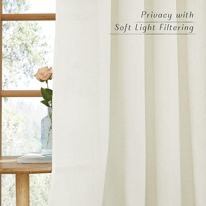NICETOWN Off White Linen Curtains 84 inch Length, Grommet Privacy Added Thick Flax Not See Through Window Treatments Semi Sheer Drapes for Bedroom/Living Room, W55 x L84, 2 Panels