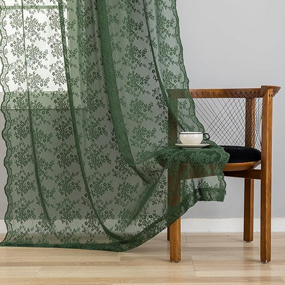 YJ YANJUN Vintage Lace Curtains 108 Inches Long- Victorian Floral Pattern Dark Olive Green Sheer Curtain Panels for High Ceiling Living Room Aesthetic Neutral Decor 52Wx108L Moss Green