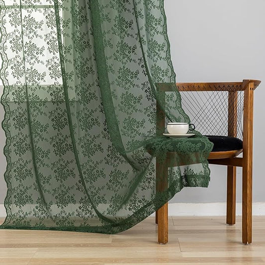 YJ YANJUN Vintage Lace Curtains 90 Inches Long-Victorian Floral Pattern Dark Green Sheer Curtain Panels for Ding Room Bedroom,Light Filtering, Retro Boho Neutral Aesthetic Decor 2 Panels 52W x 90L