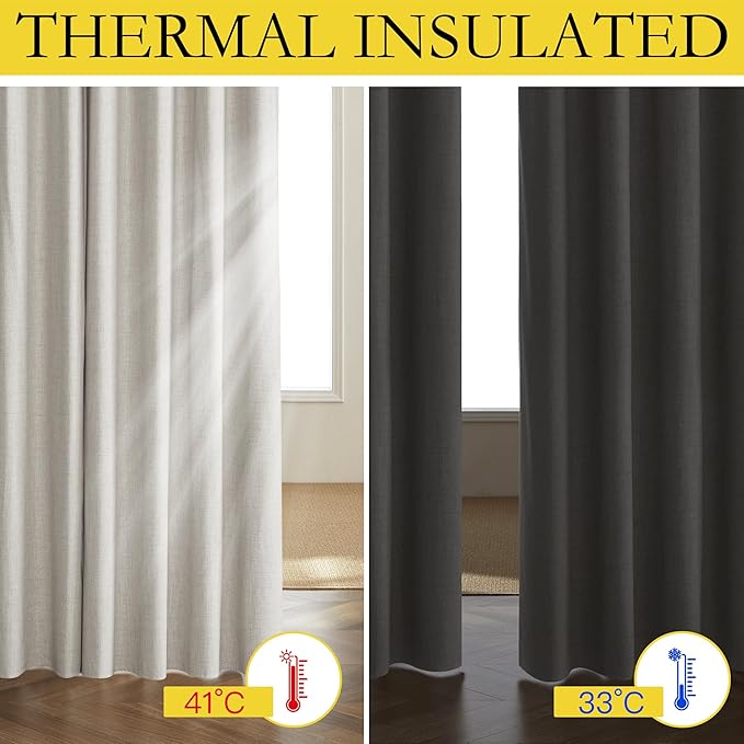 NICETOWN Snowbound Vintage Linen 100% Blackout Curtains for Living Room, Thermal Insulated Curtains 90" Long, Noise Reducing Window Treatment Drapes for Hall Room, 42" Wide Per Panel, Set of 2