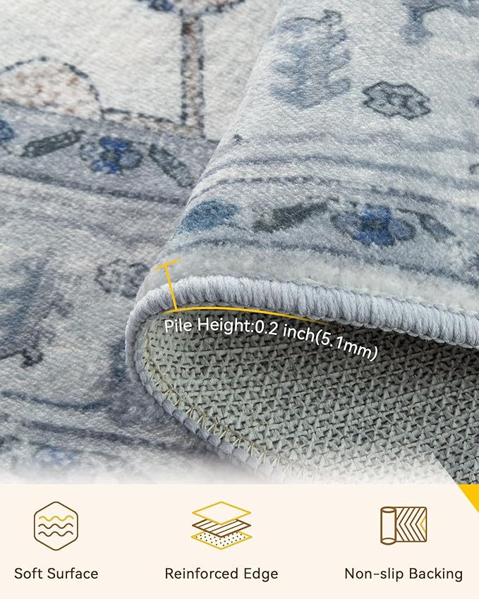 RELEANY Area Rugs 5ft Washable Non-Slip, Floral Vintage Distress Print Pattern Medallion Carpet for Living Room Bedroom Dining Room, Light Blue Navy Beige Gray White