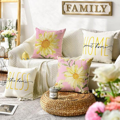 AVOIN colorlife Home Sweet Home Spring Summer Flowers Pink Throw Pillow Covers, 20 x 20 Inch White Cushion Case for Sofa Couch Set of 4