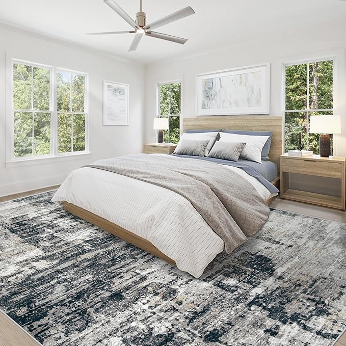 9x12 Area Rug for Living Room, Washable Modern Abstract Large Area Rug Neutral Soft Non Slip Kids Rug Stain Resistant Indoor Carpet for Bedroom Dining Room Playroom Office(BlackGrey, 9'x12')