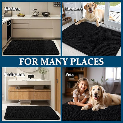 OLANLY Dog Door Mat for Muddy Paws 48x30, Absorbs Moisture and Dirt, Absorbent Non-Slip Washable Doormat, Quick Dry Chenille Mud Mat for Dogs, Entry Indoor Entryway Carpet for Inside Floor, Black