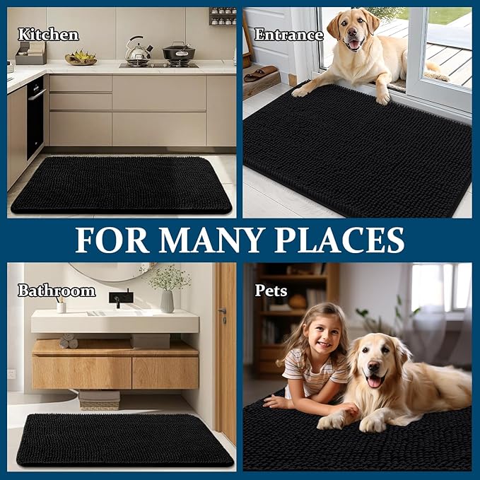 OLANLY Dog Door Mat for Muddy Paws 45x27, Absorbs Moisture and Dirt, Absorbent Non-Slip Washable Doormat, Quick Dry Chenille Mud Mat for Dogs, Entry Indoor Entryway Carpet for Inside Floor, Black