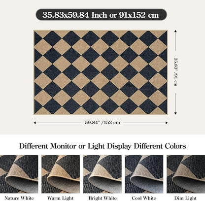 Lahome Colette Checkered Easy Jute 3x5 Outdoor Patio Rug, Washable Rugs for Entryway Diamond Indoor Outdoor Living Room Carpet, Farmhouse Neutral Non Slip Black Door Carpet for Backyard Bedroom