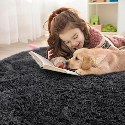 OLANLY Black Round Rugs for Bedroom - Machine Washable, 8 ft Circle Area Rugs for Living Room, Soft and Fluffy Shaggy Carpet for Teen Girls and Boys, Nursery Rooms, Dorms, Home Decor Aesthetic