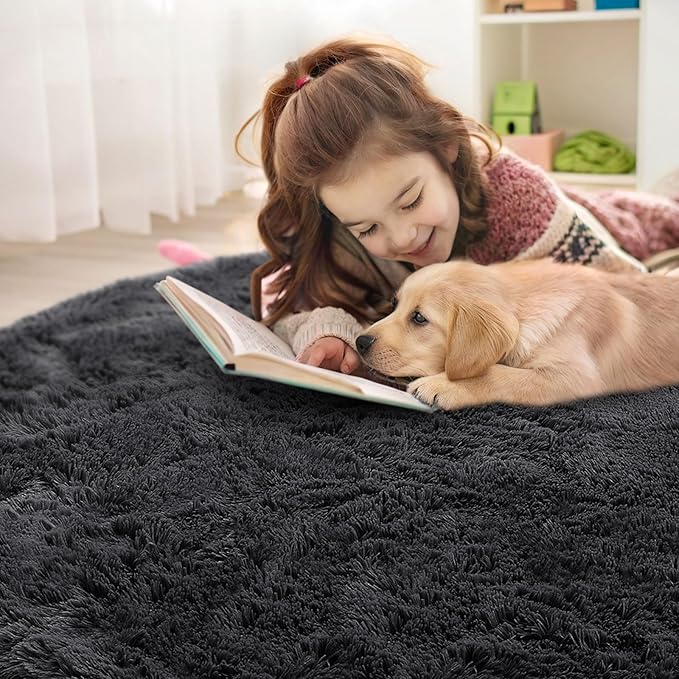 OLANLY Black Round Rugs for Bedroom - Machine Washable, 5 ft Circle Area Rugs for Living Room, Soft and Fluffy Shaggy Carpet for Teen Girls and Boys, Nursery Rooms, Dorms, Home Decor Aesthetic
