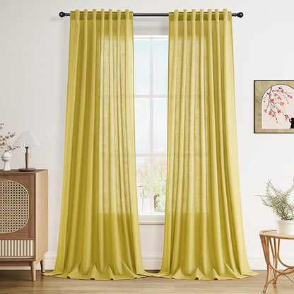 Celery Yellow Linen Curtains 102 Inches Long 2 Panel Set Back Tab Rod Pocket Semi Sheer High Window Drapes Light Filtering Burlap Look for Neutral Farmhouse Decor Curtain in Living Room 52x102