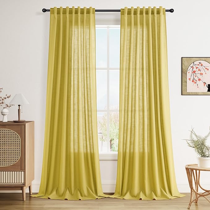 Nanspring Celery Yellow Linen Curtains 90 Inches Long 2 Panel Set Back Tab Rod Pocket Light Weight Semi Sheer Neutral Farmhouse Decor for Living Room and Bedroom 52x90