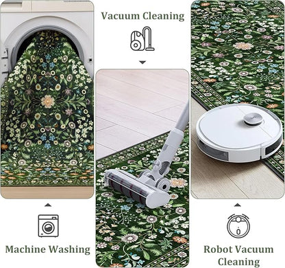 Yamaziot Washable Runner Rug 2x8 – Boho Non Slip Floral Hallway Runner Rug with Rubber Backing, Low Pile Distressed Carpet for Kitchen, Laundry, Bedroom, Entrance, Colorful Green