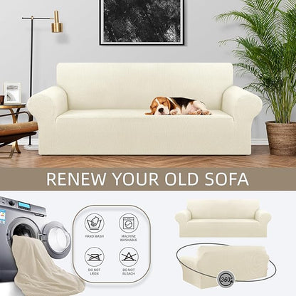 KEKUOU Stretch Sofa Cover Slipcover ，Couch Covers for 3 Cushion Couch Sofa pet Friendly (78"-94") Furniture Protector Sofa with Elastic Bottom for Kids,Dog, Jacquard Small Checked(Large,Beige)