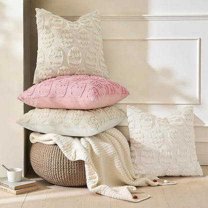 decorUhome Easter Beige Egg Pillow Covers 18x18 Inch Set of 2, Soft Plush Faux Wool Jacquard Cushion Covers, Farmhouse Neutral Fuzzy Spring Easter Holiday Decor for Couch Sofa Bed