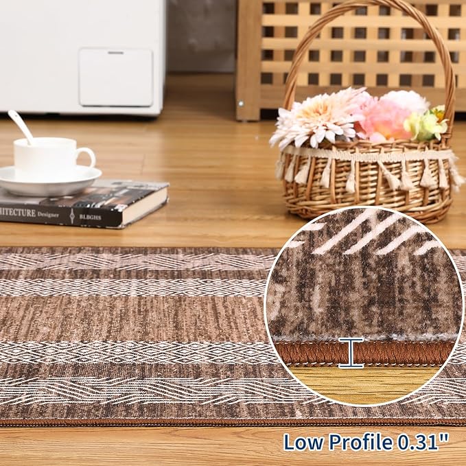 GarveeHome Small Bedroom Area Rug 3x5 Bordered Area Rug for Living Room Nursery Non Slip Kitchen Throw Carpet Low Pile Modern Rugs Washable Bathroom Mat Soft Brown Rugs for Laundry, Dark Brown