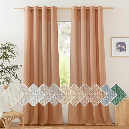 NICETOWN Flax Linen Curtains 108 inches Long for Large Windows, Ring Top Privacy with Light Filtering Linen Blend Drapes for Bedroom/Living Room, Burnt Orange, W55 x L108, Set of 2