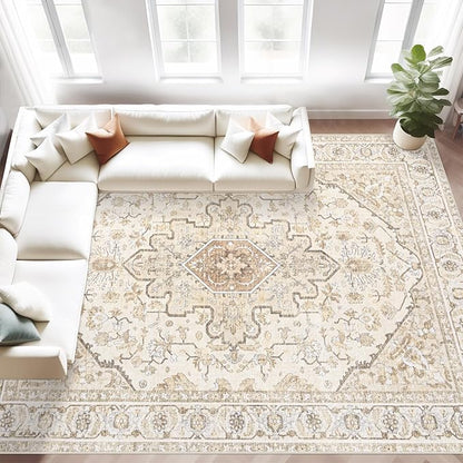 Area Rugs 8x10 Vintage Rug: Large Washable Living Room Rug Retro Medallion Distressed Soft Low Pile Non-Slip Indoor Floor Carpet for Bedroom Kitchen Nursery Dining Office (BeigeBrown, 8'x10')