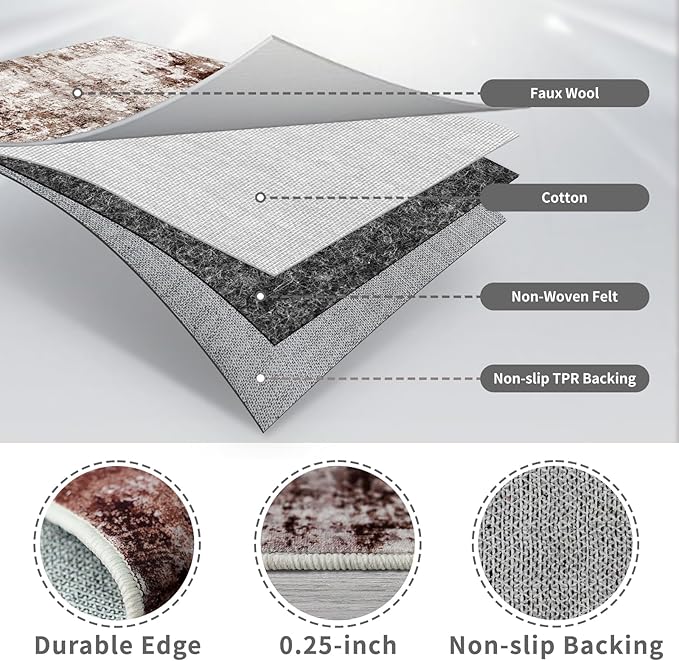 3x10 Washable Runner Rugs for Hallway: Easy-to-Clean Abstract Runners for Entryway Bedroom - Stain and Water Resistant Rugs with Non-Slip Backing - Soft Low-Pile Carpet Brown Khaki White