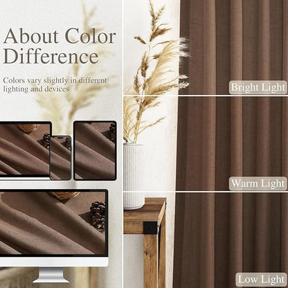Nanspring Caramel Brown Linen Curtains for Living Room 92 Inches Long Back Tab Light Filtering Semi Sheer Vintage Rustic Curtain Luxury Boho Decor Drapes for Bedroom Office 52x92, 2 Panels
