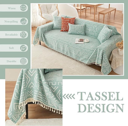 HANDONTIME Farmhouse Sofa Covers - Light Green Aztec Couch Covers for 3 Cushion Sectional Couch, 71" X 118