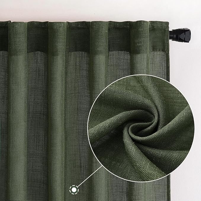 MIULEE Olive Green Linen Curtains 120 Inches Long for Bedroom Living Room, Soft Thick Linen Textured Window Drapes Semi Sheer Light Filtering Back Tab Rod Pocket Burlap Look, 2 Panels