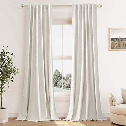 Guken 100% Blackout Cream Linen Curtains 40 Inch Wide by 90 Inch 2 Panels Set for Living Room Bedroom Back Tab Thermal Insulated Black Out Linen Drapes Room Darkening Window Curtains, Cream