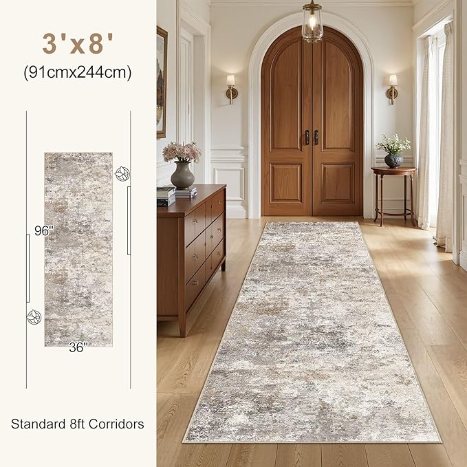 UERMEI 3X8 Washable Runner Rug for Hallway: Soft Neutral Modern Abstract Area Rug - Non-Slip Low Pile Long Throw Indoor Carpet for Kitchen Entryway Kitchen Bedroom Laundry Bathroom - Brown Grey