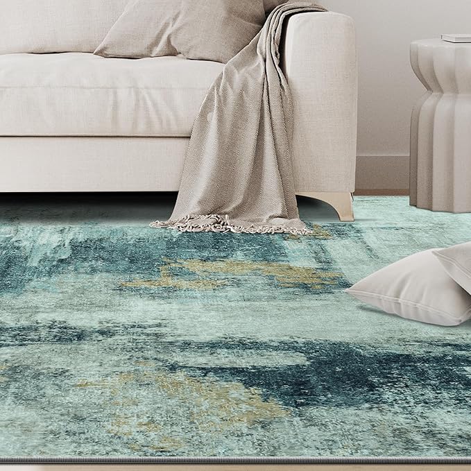 5x8 Area Rugs for Living Room Rug Washable: Abstract Rug for Dining Room Bedroom Carpet Non Slip 5 by 8 Indoor Modern Nursery Home Office Teal Grey Gold