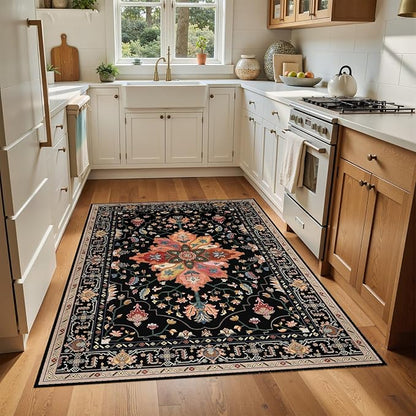 Area Rugs 4'x6' Washable Non-Slip, Floral Vintage Distress Print Pattern Medallion Carpet for Living Room Bedroom Dining Room, Black Colorful Floral Dark Tan