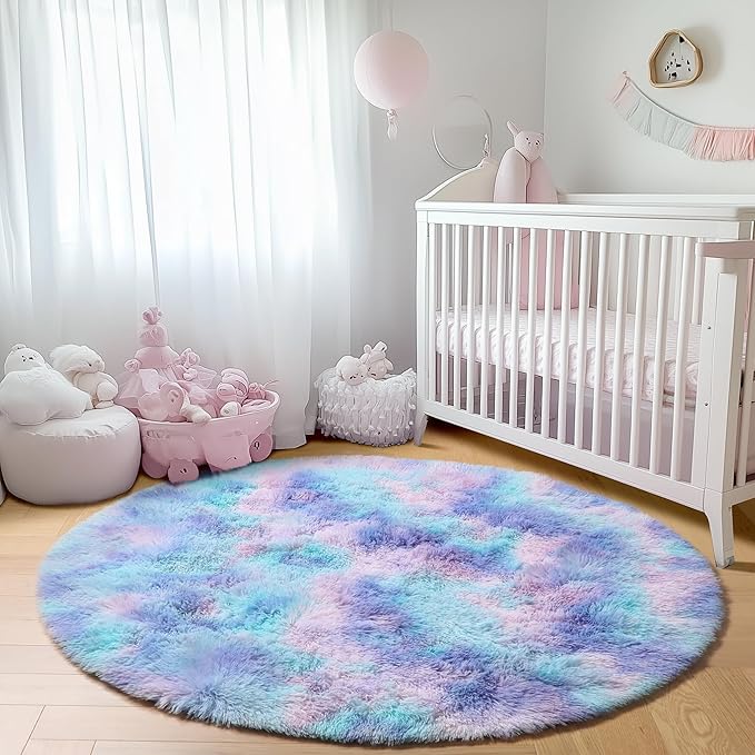 ONASAR Rainbow Round Area Rugs 5ft, Soft Bedroom Circle Rug Mats for Kids Girls Teen Room, Mermaid Fluffy Plush Shaggy Carpet for Baby Nursery Living Room Playroom Home Decor Princess Castle