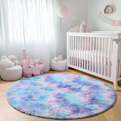 ONASAR Rainbow Round Area Rug 4ft, Soft Bedroom Circle Throw Rugs for Kids Girls Boys Teen Dorm Room, Fluffy Plush Shaggy Carpet Mats for Nursery Living Room Playroom Home Decor Princess Castle