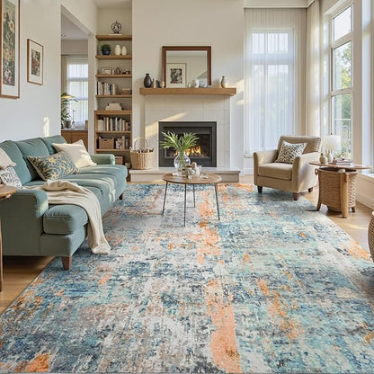 Ompaa Living Room Rug 6x9 Blue Area Rug Machine Washable Boho Rug Non Slip Abstract Vintage Indoor Large Rugs for Bedroom, Classroom, College Dorm, Farmhouse, Dining Room, Kids Playroom