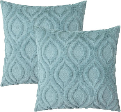 decorUhome Summer Throw Pillow Covers 18x18 Inch Set of 2, Soft Plush Faux Wool Aqua Solid Couch Pillow Covers, Accent Farmhouse Neutral Square Pillow Cases for Sofa Bed Living Room