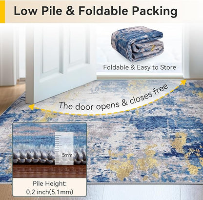 Washable Area Rugs 8ft Non-Slip Modern Abstract Soft for Living Room Entryway Bedroom Nursery, Print Pattern, Grey Blue Gold/Golden