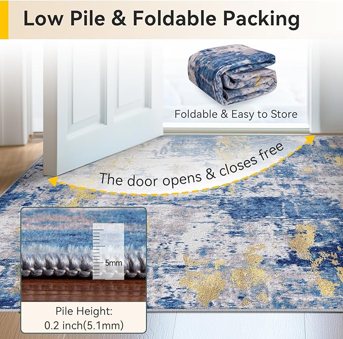 Washable Area Rugs 2'6'' x12 Non-Slip Modern Abstract Soft for Living Room Entryway Bedroom Nursery, Print Pattern, Grey Blue Gold/Golden