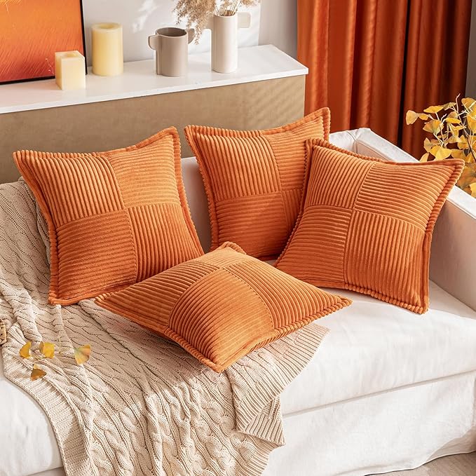 MIULEE Orange Decorative Throw Pillow Covers for Couch Bed Livingroom 18x18 Inch Set of 2 Boho Accent Throw Pllows Broadside Striped Patchwork Soft Corduroy Pillowcases