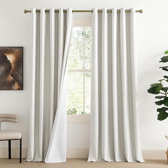 NICETOWN 100% Absolutely Blackout Linen Curtains with Thermal Insulated White Liner, Ivory, W62, 2 Pieces, Noise Reducing Textured Linen Look Curtains for Windows 90 inch Length for Classroom