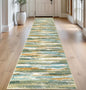 Lansny Modern Abstract Runner Rug 2.6x14, Green Mustard Multi Washable Long Kitchen Runner Non-Slip Soft Hallway Rug Runner Thin Print Faux Wool Carpet for Entryway Bedroom Laundry Room Indoor
