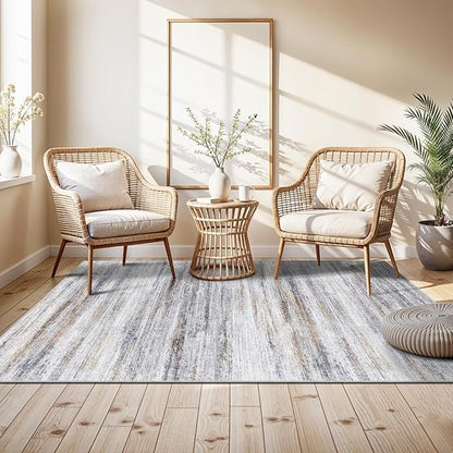 4x5 Area Rugs for Entryway Washable: Easy-to-Clean Rug for Office Kitchen Bedroom Living Room Dining Room - Non Slip Stain and Water Resistant Carpet - Soft Low-Pile Door Mat Beige Grey
