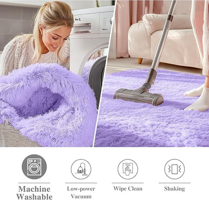 OLANLY Light Purple Round Rugs for Bedroom - Machine Washable, 5 ft Circle Area Rugs for Living Room, Soft and Fluffy Shaggy Carpet for Teen Girls and Boys, Nursery Rooms, Dorms, Home Decor Aesthetic