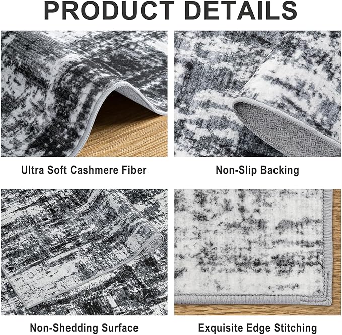 6x9 Area Rugs for Living Room - Washable Rug Modern Abstract Soft Large Neutral Non-Slip Carpet Indoor Floor Thin Carpets for Bedroom Dining Room Farmhouse Nursery Home Office Black