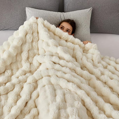 COOVA Faux Fur Throw Blanket for Couch, Cozy Soft and Fuzzy Plush Rabbit Fur Bubble Blanket for Sofa Bedroom Living Room, 50x60 Inches Ivory White