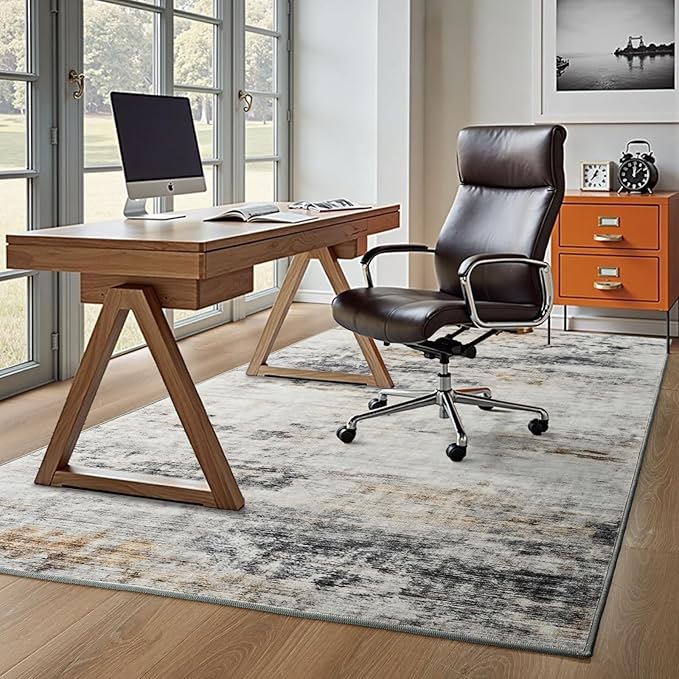 Toneed Abstract Area Rug Modern Washable Rug Soft Non Slip Rug Low Pile for Bedroom Living Room Dining Room Grey/Brown 4x6 Feet