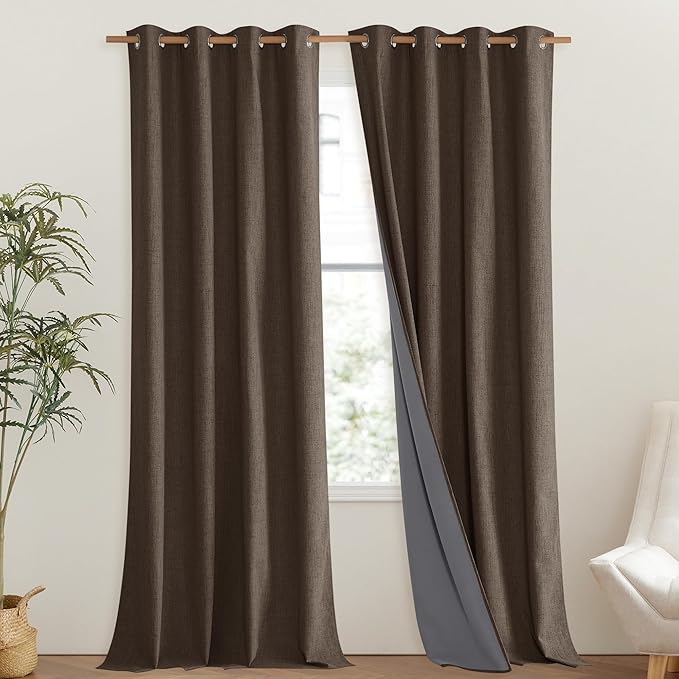 NICETOWN Coffee Vintage Linen 100% Blackout Curtains for Living Room, Thermal Insulated Curtains 108" Long, Noise Reducing Window Treatment Drapes for Hall Room, 52" Wide Per Panel, Set of 2
