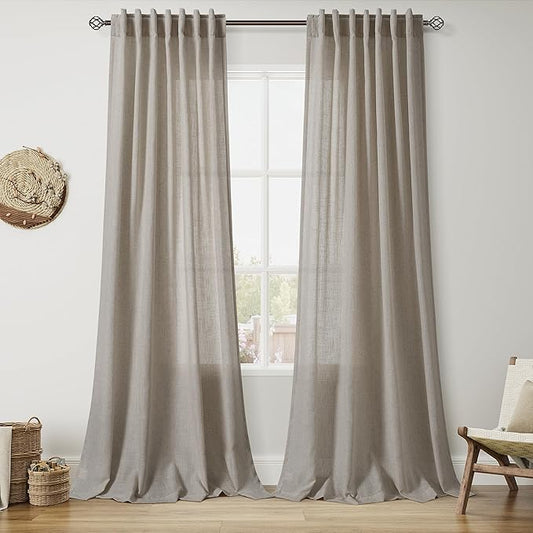 Nanspring 108 Inch Long Curtains for Living Room Grey Beige Linen Simple Modern Light Filtering Semi Sheer Curtain Back Tab Boho Neutral Gray Floor to Ceiling High Window for Bedroom 52x108,2 Panels