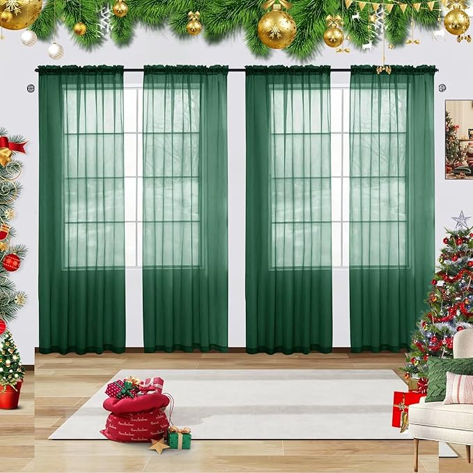 youleyar Solid Sheer Rod Pocket Curtain Voile Draperies 4 Panels White Beige Black Grey Ivory 52 Inch Width 90 Inch Long 1 Pair for Kitchen Bedroom Children Living Room Yard(Foliage Green,52 Wｘ90 L)