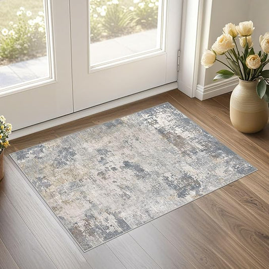 UERMEI 2x3 Entryway Area Rug: Washable Neutral Modern Abstract Small Rug - Non-Slip Low Pile Throw Indoor Carpet for Entrance Kitchen Front Door Mat Bathroom Entry Kids Room - Blue Grey