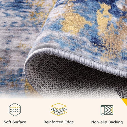 Washable Area Rugs 3x8 Non-Slip Modern Abstract Soft for Living Room Entryway Bedroom Nursery, Print Pattern, Grey Blue Gold/Golden