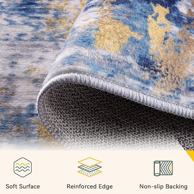 Washable Area Rugs Square 7ft Non-Slip Modern Abstract Soft for Living Room Entryway Bedroom Nursery, Print Pattern, Grey Blue Gold/Golden